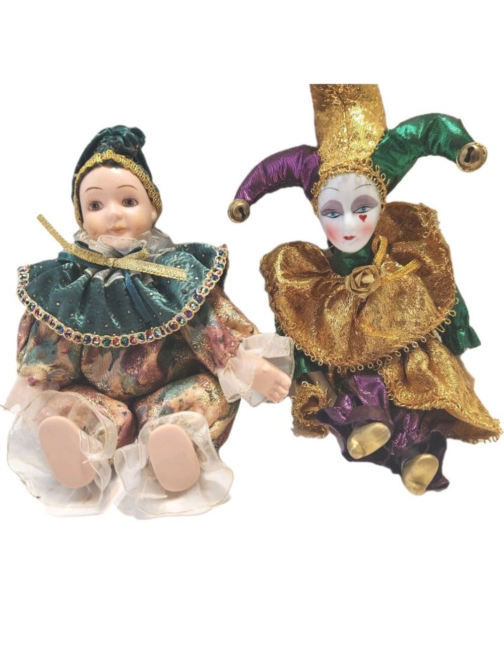 Porcelain Jester Dolls Harlequin Style Collectible with Detailed Outfit Set of 2